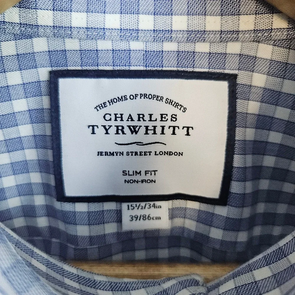 Charles Tyrwhitt Men's Blue & White Checks Size M 15 1/2 - 34 Dress Shirt STAINS